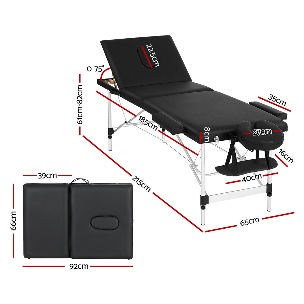 Zenses Portable Massage Table – 65cm, 3-Fold, Aluminium, Black