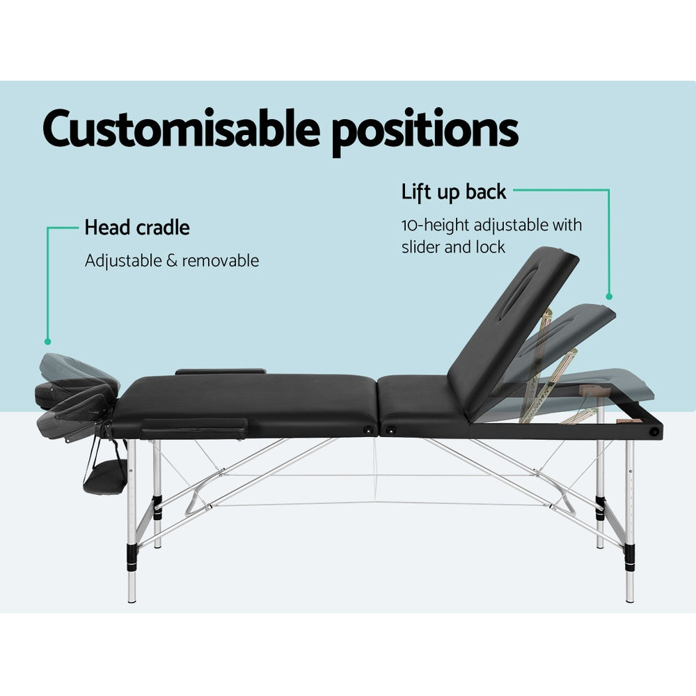 Zenses Portable Massage Table – 65cm, 3-Fold, Aluminium, Black