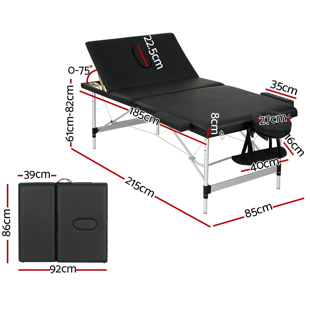 Zenses Portable Massage Table – 85cm, 3-Fold, Aluminium, Black