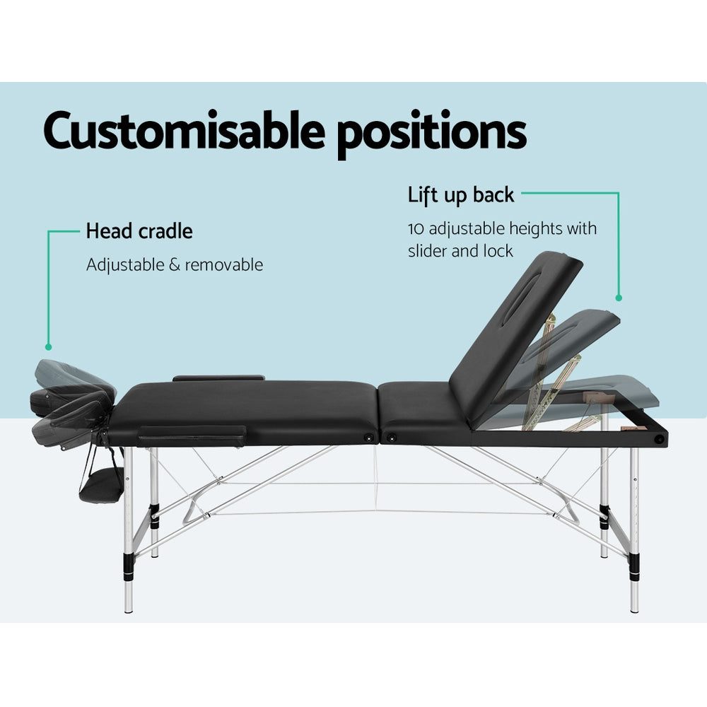 Zenses Portable Massage Table – 85cm, 3-Fold, Aluminium, Black