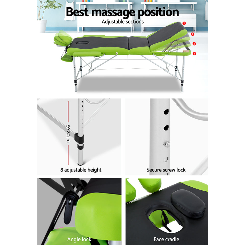 Zenses Portable Massage Table – 75cm, 3-Fold, Aluminium, Green