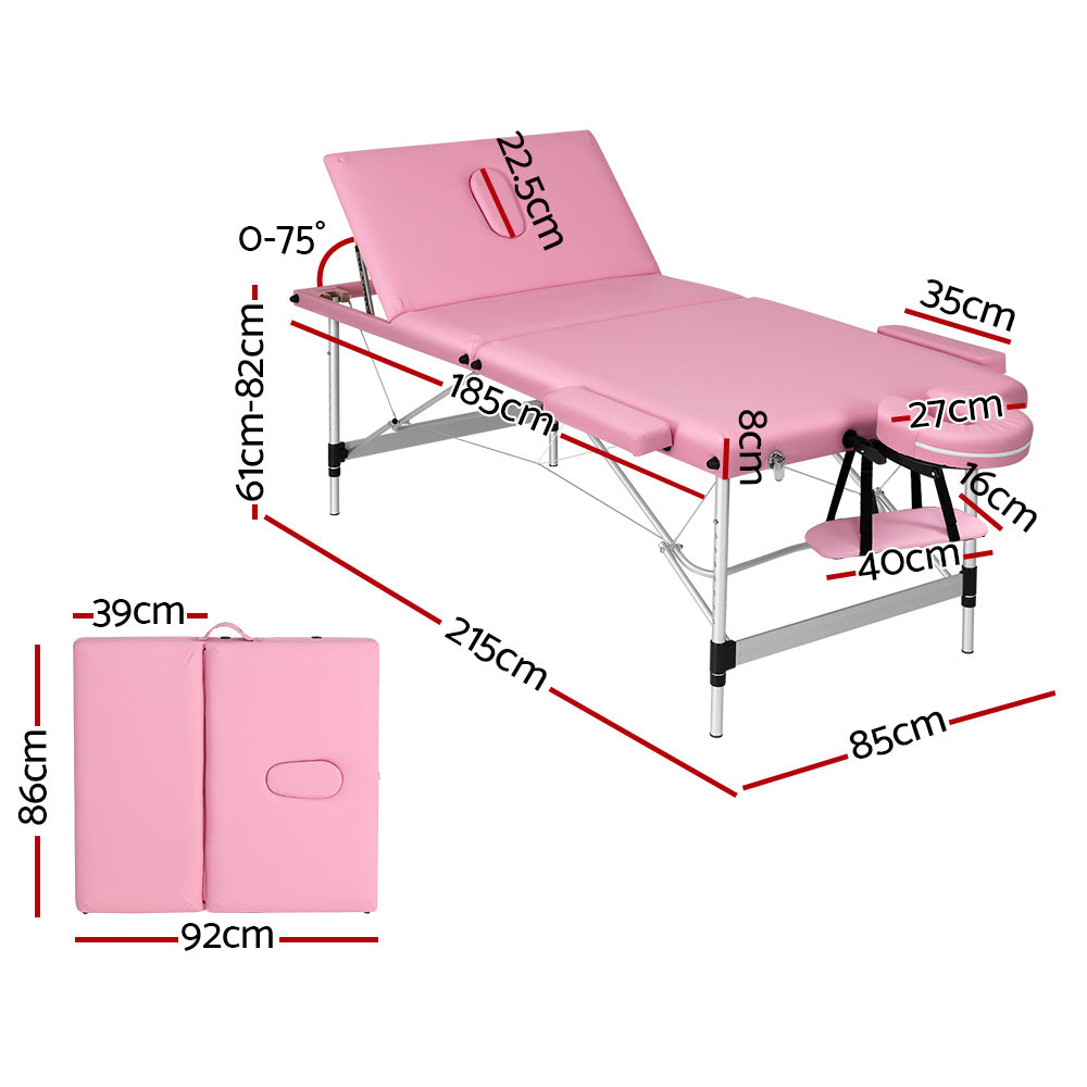 Zenses Portable Massage Table – 85cm, 3-Fold, Aluminium, Pink