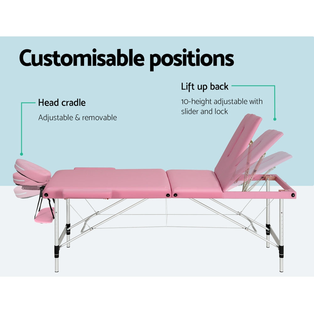 Zenses Portable Massage Table – 85cm, 3-Fold, Aluminium, Pink