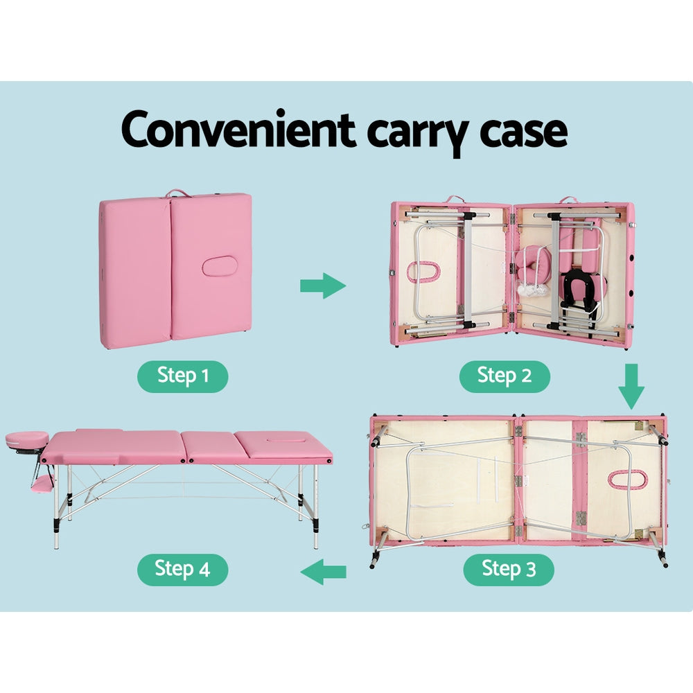 Zenses Portable Massage Table – 85cm, 3-Fold, Aluminium, Pink