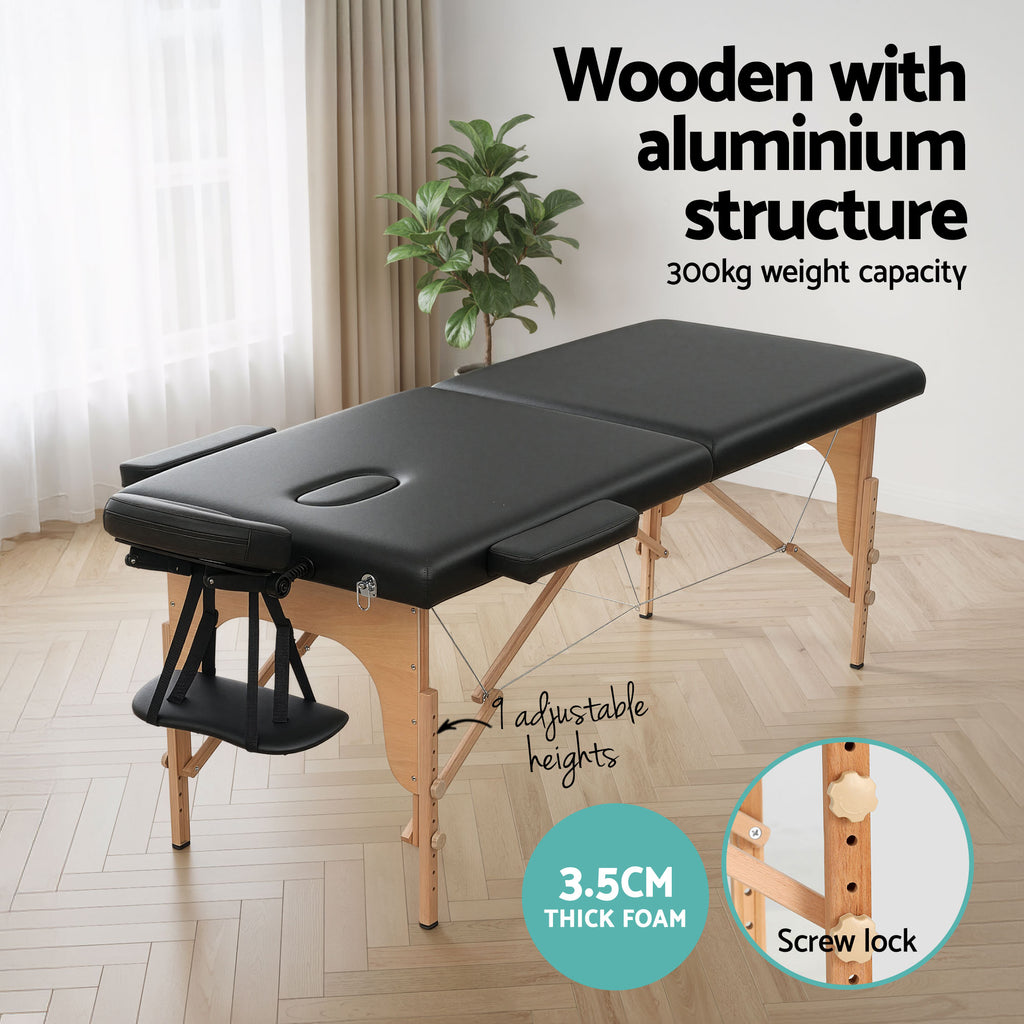 Zenses Portable Massage Table – 70cm, 2-Fold, Wooden, Black