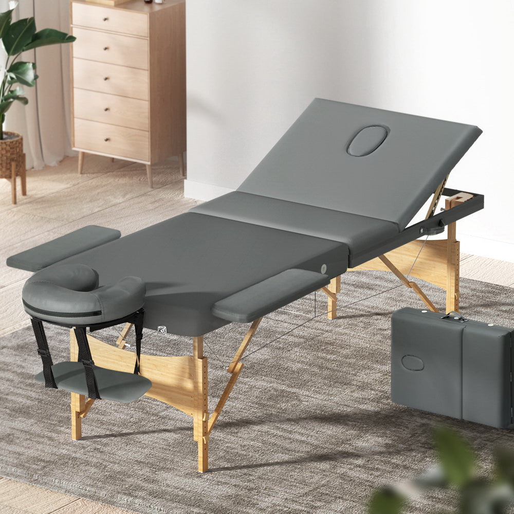 Zenses Portable Massage Table – 75cm, 3-Fold, Wooden, Grey