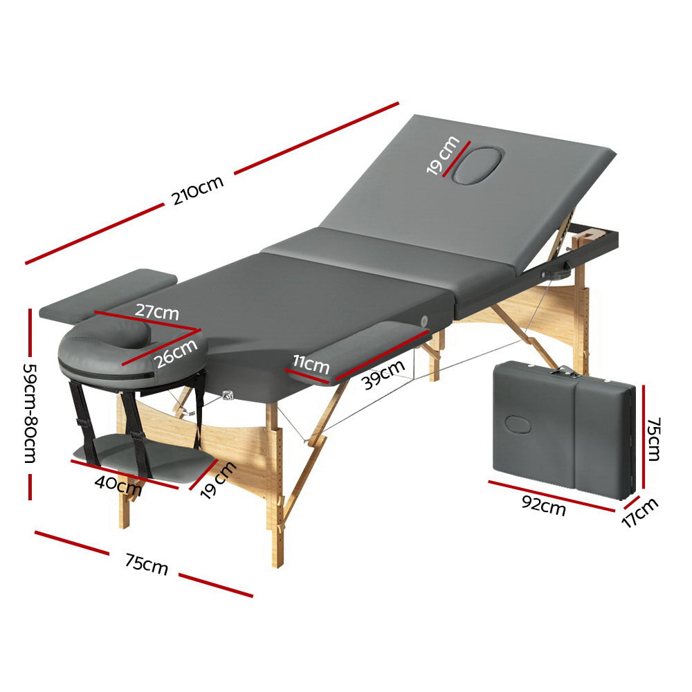 Zenses Portable Massage Table – 75cm, 3-Fold, Wooden, Grey