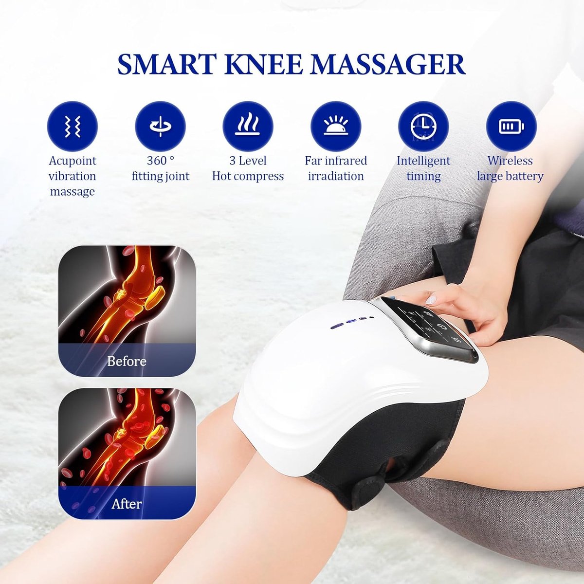 Rechargeable cordless knee massager - LED screen - For swollen and painful joints - 3 intensity levels - Temperature control