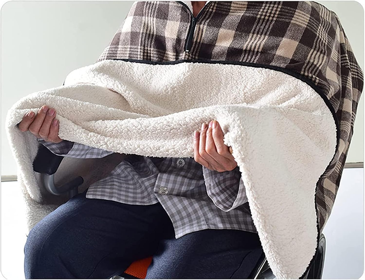 Wheelchair Blanket Adult Fleece-Lined Cape with Hood, Winter Poncho Coat for Women and Men, Warm Blanket