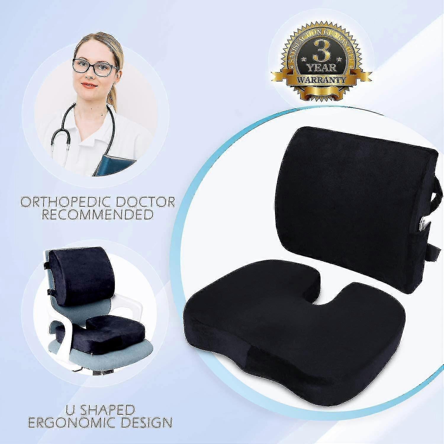Memory Foam Seat & Back Cushion Set - Ergonomic Support for Car or Office Chairs