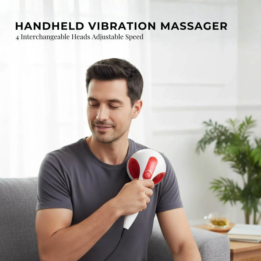 Orku Handheld Body Massager – 4 Heads, Adjustable Speed, Red
