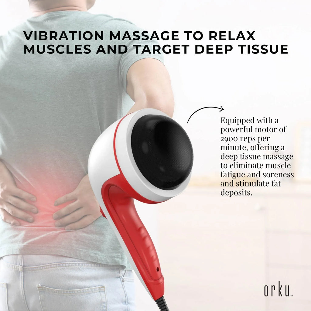 Orku Handheld Body Massager – 4 Heads, Adjustable Speed, Red