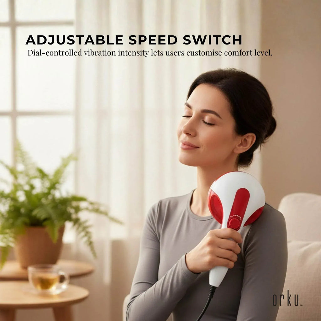 Orku Handheld Body Massager – 4 Heads, Adjustable Speed, Red