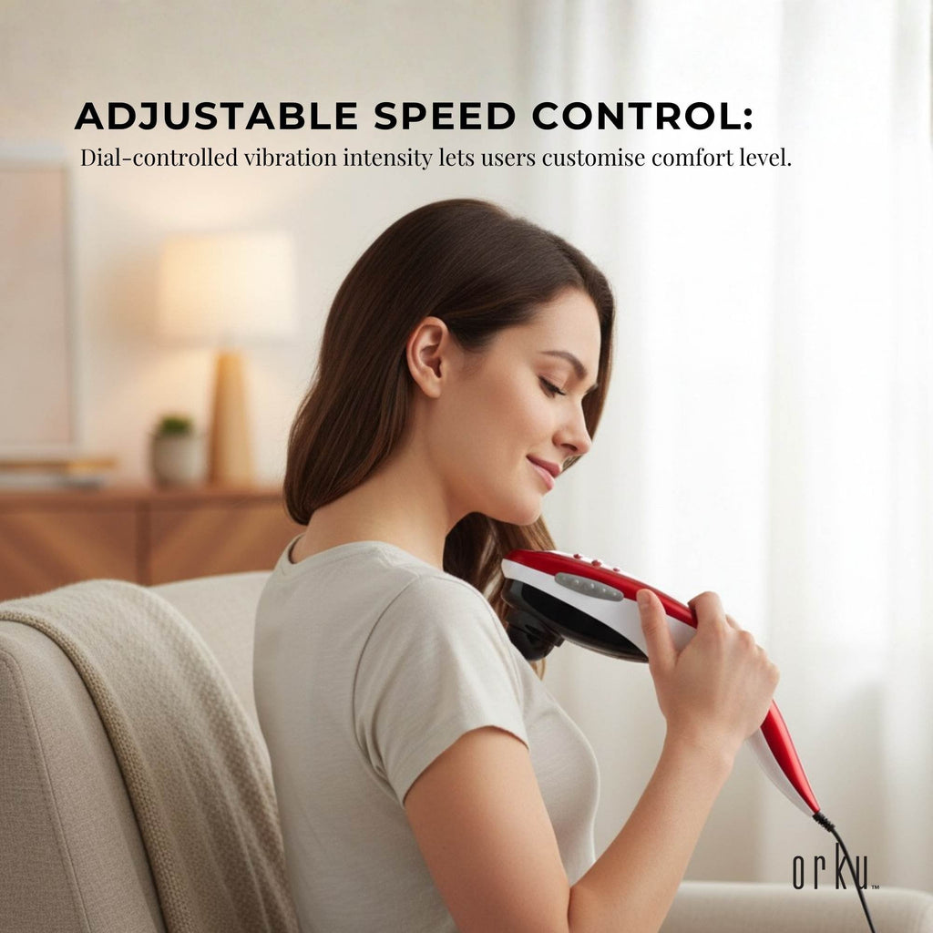 Orku Handheld Body Massager – 6 Heads, Adjustable Speed, Red