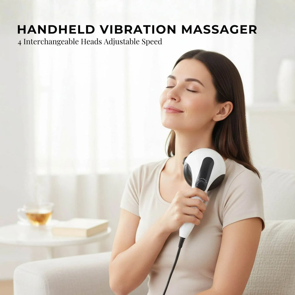 Orku Handheld Body Massager – 4 Heads, Adjustable Speed, Black