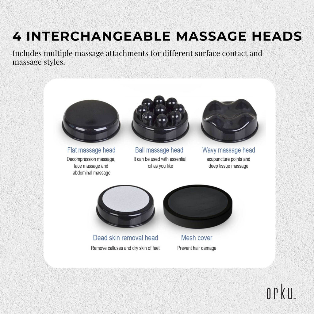 Orku Handheld Body Massager – 4 Heads, Adjustable Speed, Black