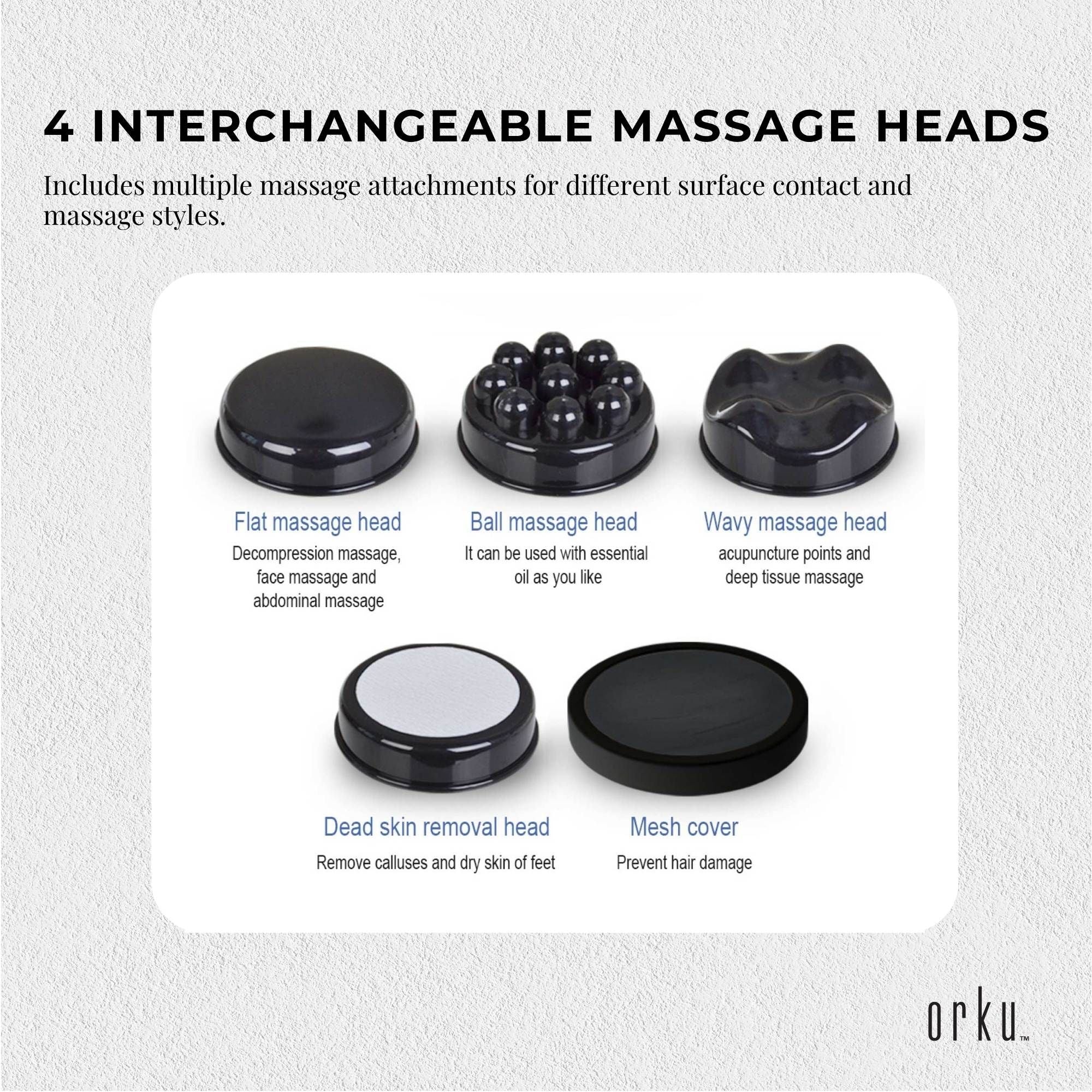 Orku Handheld Body Massager 4 Heads Adjustable Speed 28W Black