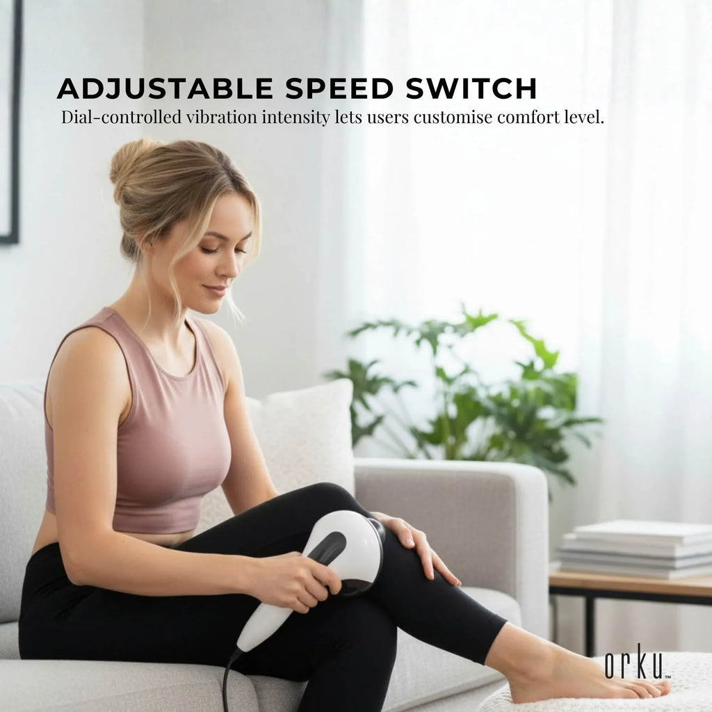 Orku Handheld Body Massager – 4 Heads, Adjustable Speed, Black