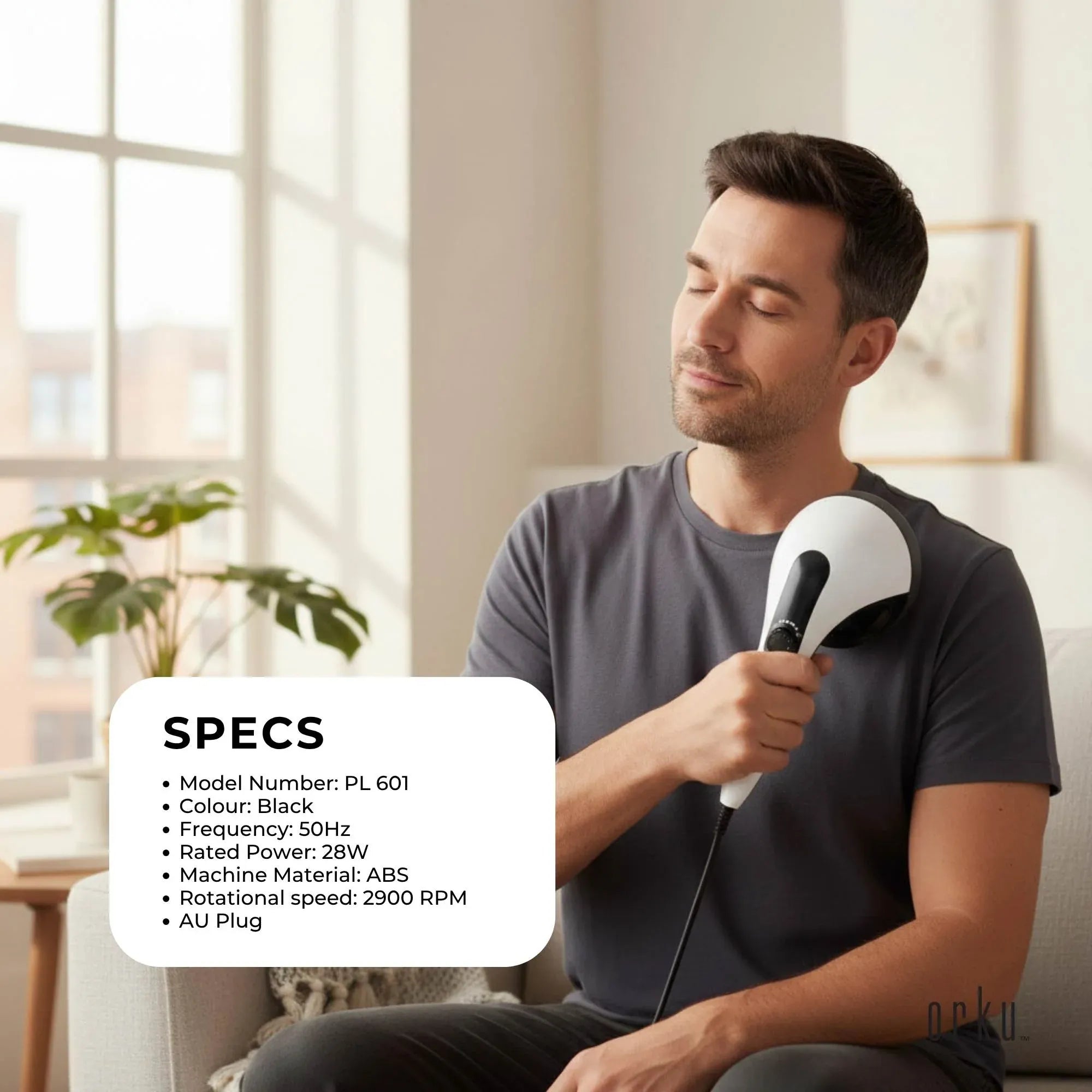 Orku Handheld Body Massager – 4 Heads, Adjustable Speed, Black