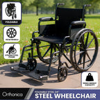 Orthonica Foldable Steel Wheelchair – Heavy-Duty, Adjustable, Black