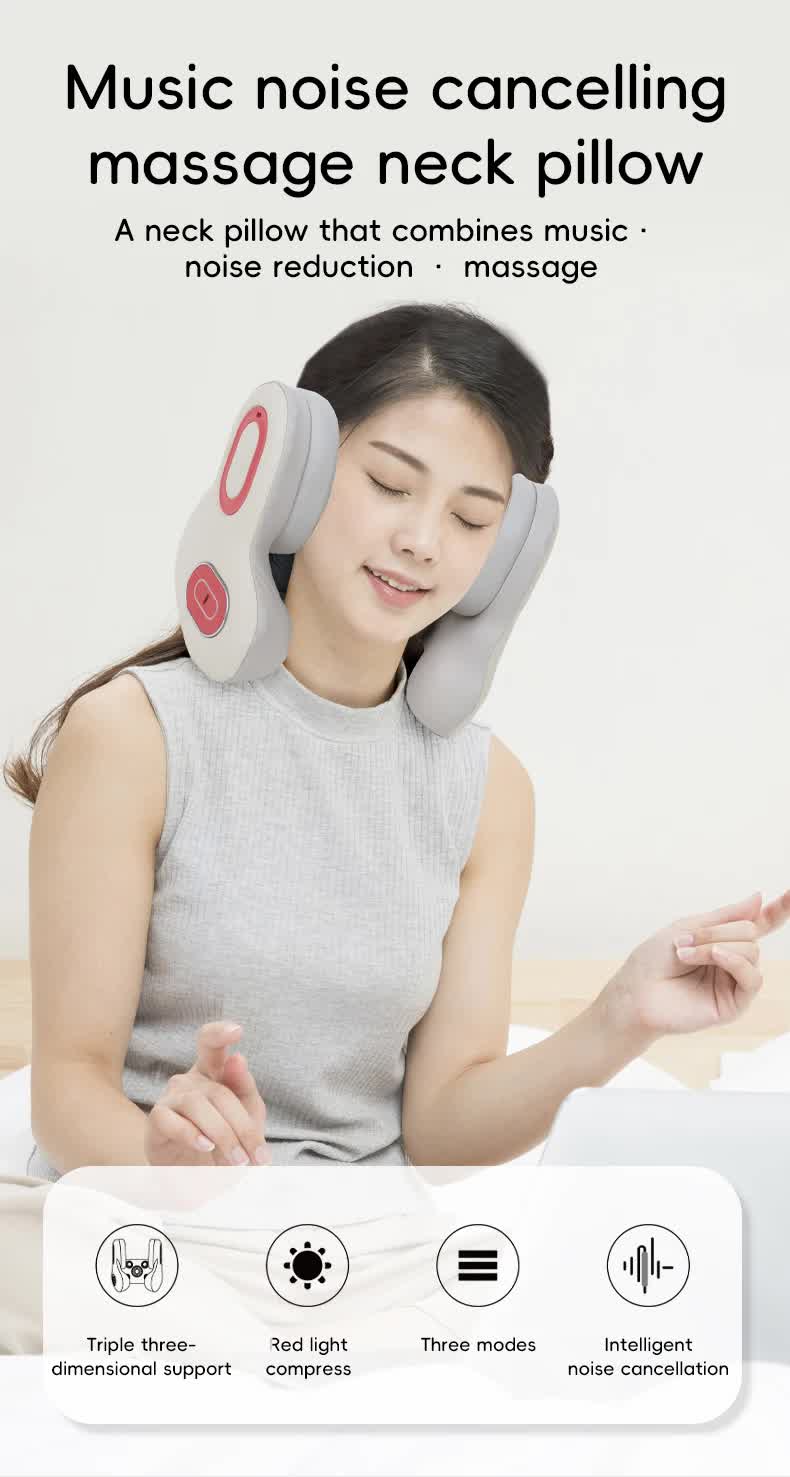 Smart 4-in-1 Travel Neck Pillow with ANC Headphones - Heated Vibration Massage & Bluetooth Audio - Memory Foam Support for Planes & Home - Beige