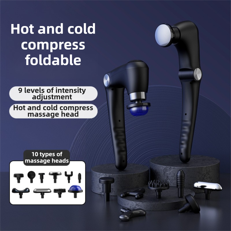 Black-Rosegold Foldable Percussion Massage Gun with Hot Cold Compress & 10 Heads - 9 Speed Levels and High Frequency Vibration Full Body Muscle Relaxer